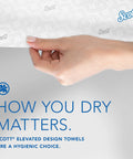 Hand holding heavy duty high capacity hard roll paper towels with elevated design and absorbency pockets for Purple Core dispensers.