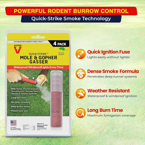 Packaging of Quick Strike Mole And Gopher Gassers on grass background with product features listed.