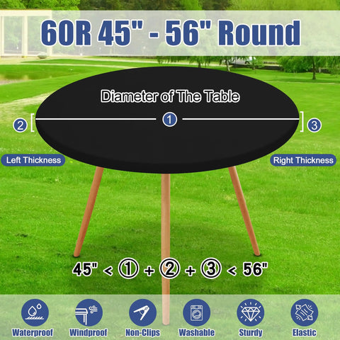 Round Spandex Tablecloth With Elastic Edge No Slip Waterproof Stretch Fit For 45 To 56 Inch Tables Ideal For Indoor Outdoor Dining And Camping Picnics Easy Care Washable Black displayed on a wooden table with text highlighting dimensions.