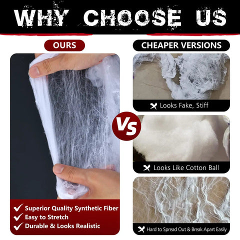 Comparison of Premium Super Stretchy Halloween Spider Webs covering 1400 square feet with inferior options showing fiber texture.