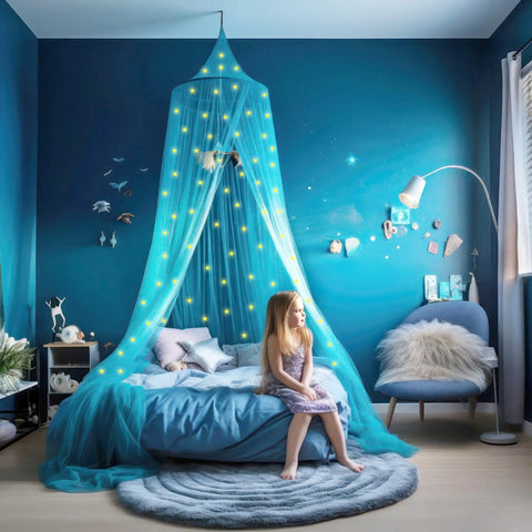 Glow In The Dark Stars Canopy Bed For Girls With Galaxy Lights And Princess Net Tent, Kid Friendly Bedroom Decor