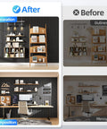 Comparison image showing transformed decor with shelves, desk, and lighting, showcasing improved organization and style.