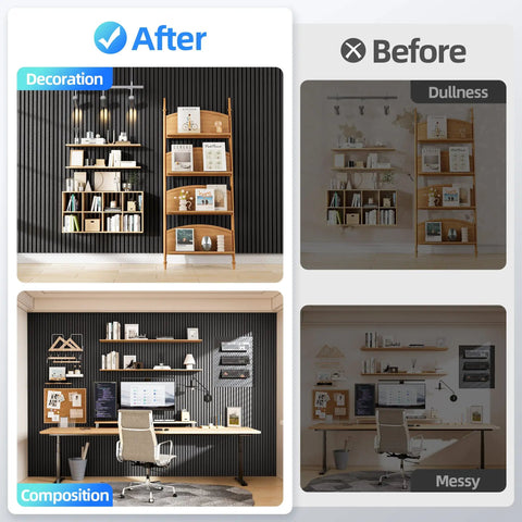 Comparison image showing transformed decor with shelves, desk, and lighting, showcasing improved organization and style.
