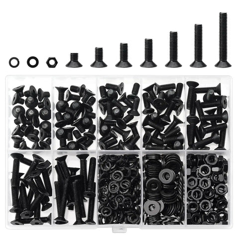 380 Piece M4 Socket Cap Screws Set With Countersunk Heads in case, showing various sizes and included washers and nuts.