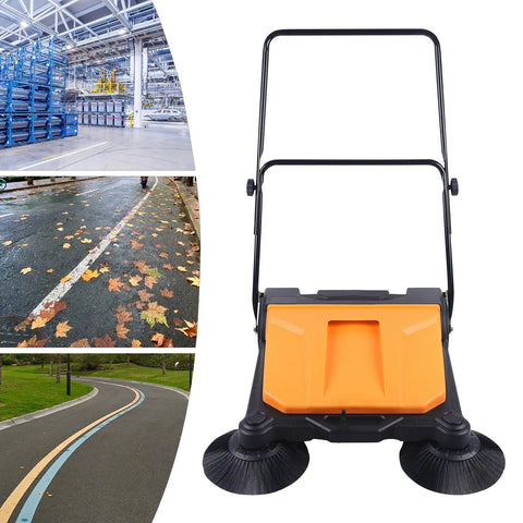 Heavy Duty 26 Inch Industrial Floor Twin Sweeper Walk Behind Push Broom Cleaner For Outdoor Pavement Warehouse Garage With Efficient Nylon Brush Heads And Wide Sweeping Path For Quick Daily Cleanup