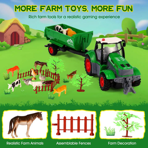 Epic Remote Control Tractor Toy Set With Trailer And Light Up Farm Vehicle Includes 10 Realistic Farm Animals Fences Trees