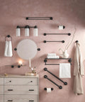 Iso 24-Inch Wide Hotel-Style Bathroom Towel Shelf With Towel Bar Matte Black Dope Modern Bath Organizer Keeps Towels Handy And Adds Sleek Everyday-Ready Style on a pink wall with decor