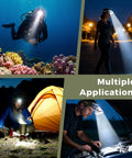 Rechargeable Diving Headlamp With 4 Lighting Modes Battery Level Indicator 10 Hour Runtime Dual Switch Scuba Dive Light used underwater and on land for night activities.