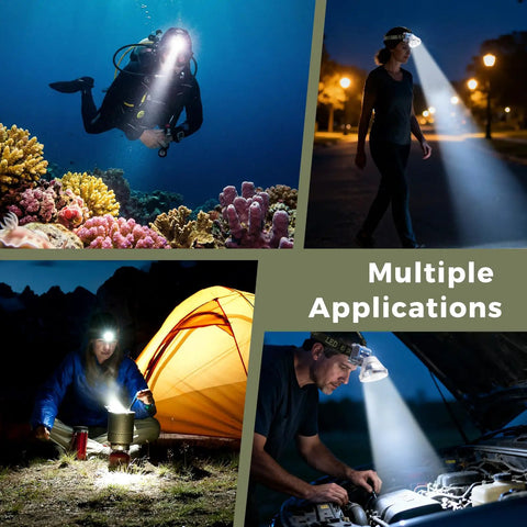 Rechargeable Diving Headlamp With 4 Lighting Modes Battery Level Indicator 10 Hour Runtime Dual Switch Scuba Dive Light used underwater and on land for night activities.