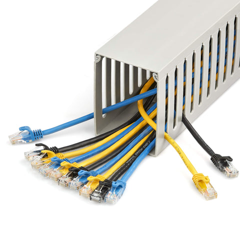 Open Slot Cable Management Raceway With Cover For Office And Server Rooms Heavy Duty PVC Wire Duct Hider with cables visible
