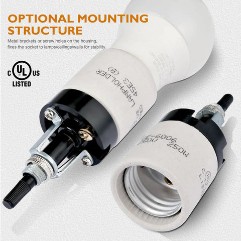 Porcelain Lamp Socket With Rotary Knob Switch Built Tough High Temperature Resistant UL Listed 250V 250W, white E26/E27