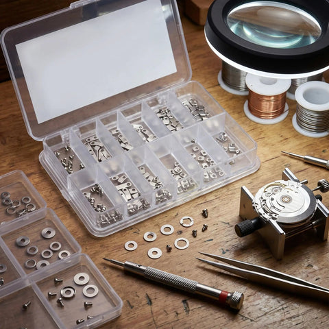 Close-up of All In One Watch Case Gasket Kit With 200 Gaskets And 40 Screws For 2824 2836 284 Movements on a wooden table