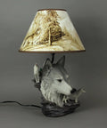 Wolf Bust Table Lamp With Nature Print Shade, featuring a wolf head sculpture and forest-themed shade, rustic modern decor