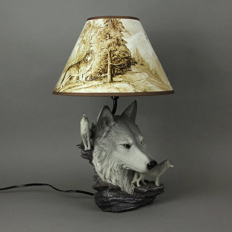 Wolf Bust Table Lamp With Nature Print Shade, featuring a wolf head sculpture and forest-themed shade, rustic modern decor