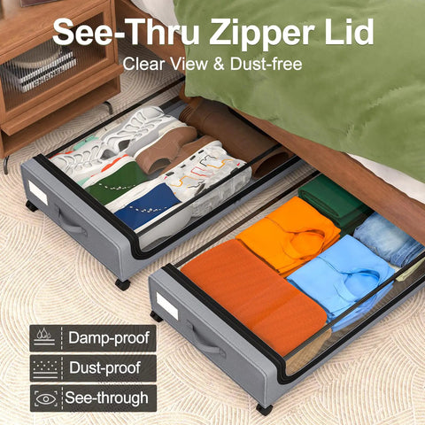 Under Bed Storage With Wheels 2 Pack 48L Lidded Rolling Bins For Shoes And Clothes Grey Narrow Metal Drawers Easy Pull Out Design Fits Dorm Rooms And Closets Space Saving 30.7 X 16.9 X 6.69 Inches