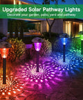 8 Pack Solar Pathway Lights With Auto 7 Color Changing And Warm White Modes illuminating a garden walkway at night
