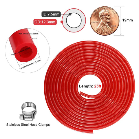 25 Foot Beer CO2 Gas Line Kit For Homebrew And Kegerator, Five Sixteenth Inch Red CO2 Tubing With 304 Stainless Steel Clamps