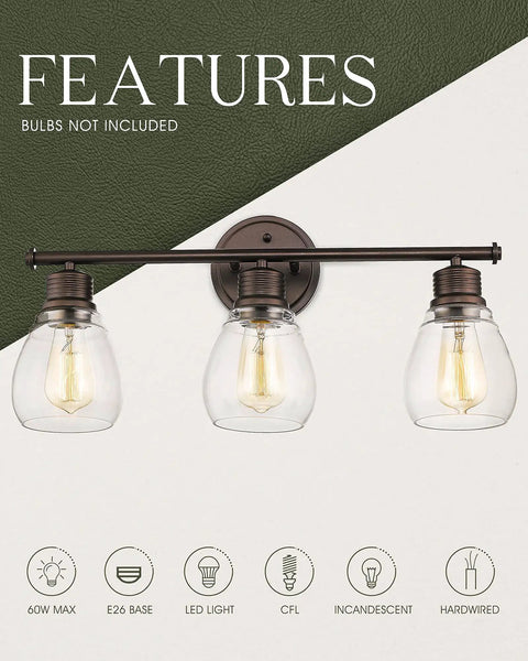 Three Light Bathroom Vanity Light Fixture With Farmhouse Metal Frame And Clear Glass Lampshades, Wall Sconce Over Mirror, Upward Or Downward Mount, Durable Bronze Finish For A Cozy Farmhouse Vibe, Easy Install