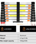 Image of 8.5ft Aluminum Telescoping Ladder For Home And Outdoor Use, Extension Folding Multipurpose Ladder Supports 330 Lb, showing slide latches and specifications.
