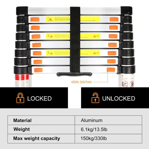 Image of 8.5ft Aluminum Telescoping Ladder For Home And Outdoor Use, Extension Folding Multipurpose Ladder Supports 330 Lb, showing slide latches and specifications.
