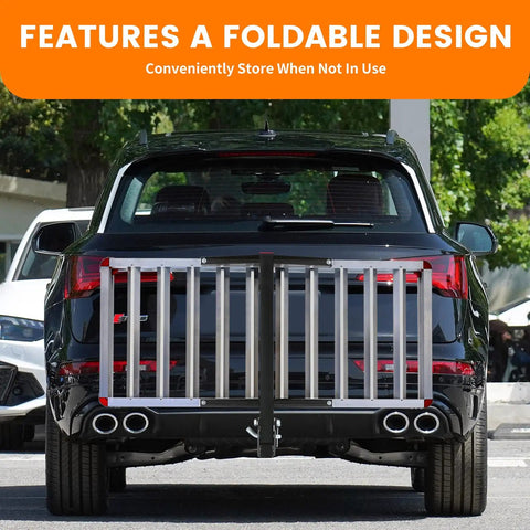 Heavy Duty Folding Aluminum Cargo Carrier Basket, 50x22 Inches, 500-Pound Capacity, high side rails, attached to an SUV