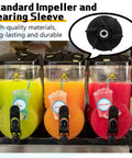 Three front-view beverage dispensers with green lime, orange, and red watermelon juice and black taps.