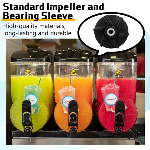 Three front-view beverage dispensers with green lime, orange, and red watermelon juice and black taps.