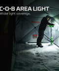 Person using Mycro 500 Plus Rechargeable Headlamp With 500 Lumens inside snow tent, illuminating large area with COB light.