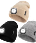 Three LED Beanie With Built-In USB Rechargeable Light For Men And Women, in black, beige, and gray colors, showing front view.