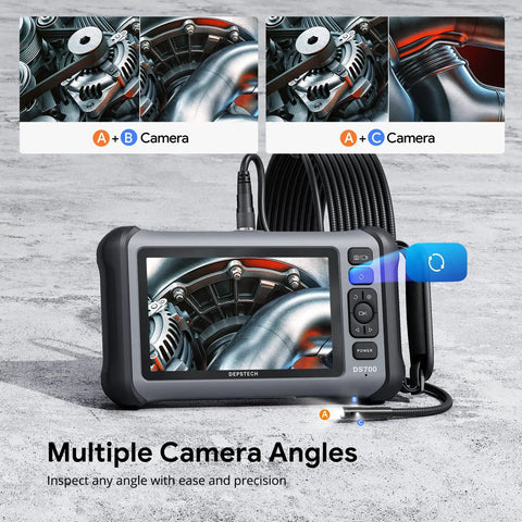 7 Inch IPS Screen Triple Lens Borescope With Light For Tight Corners And Hard To Reach Areas 16.5 Ft Cable Clear Color View Pro Grade Auto Home And Industrial Inspections display with multiple camera angles
