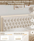 Queen Size Velvet Bed Frame Featuring Smooth As Butter Storage Drawers, Smart Led Chill Lights, Adjustable Headboard, Button Tufted Modern Platform Bed, Solid Wood Slats, No Sweat Assembly, Beige with height adjustable headboard.