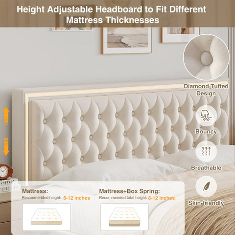 Queen Size Velvet Bed Frame Featuring Smooth As Butter Storage Drawers, Smart Led Chill Lights, Adjustable Headboard, Button Tufted Modern Platform Bed, Solid Wood Slats, No Sweat Assembly, Beige with height adjustable headboard.