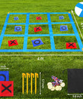 Outdoor Giant Tic Tac Toe And Bean Bag Toss Game For Kids And Adults set on grass with bean bags, grid, medals, and stakes.