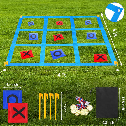 Outdoor Giant Tic Tac Toe And Bean Bag Toss Game For Kids And Adults set on grass with bean bags, grid, medals, and stakes.
