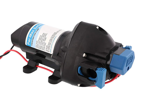 Par-Max 3 Water Pressure Pump 12V 3 GPM 25 PSI For Boats And RVs, black and blue marine pump with wiring and label visible