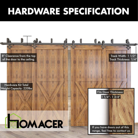 Rustic Black Double Track U Shape Bypass Sliding Barn Door Hardware Kit For Four Doors With 12 Foot Flat Track installed view
