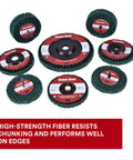 Heavy Duty Aluminum Oxide Metal Stripping Disc Extra Coarse Green Four And A Half Inch By Five Eighths Inch Eleven UNC Thread Pack Of Ten shown