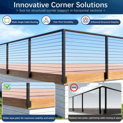 Rock Solid Black Stainless Steel Outer Corner Cable Railing Post For 36 Inch Exterior Deck Systems T304 with wider base for stability.