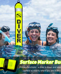 Divers with Five-Foot Scuba Surface Marker Buoy With Safety Sausage, visible reel and whistle, in high visibility yellow for safety.