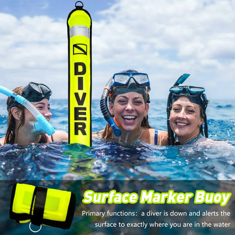 Divers with Five-Foot Scuba Surface Marker Buoy With Safety Sausage, visible reel and whistle, in high visibility yellow for safety.