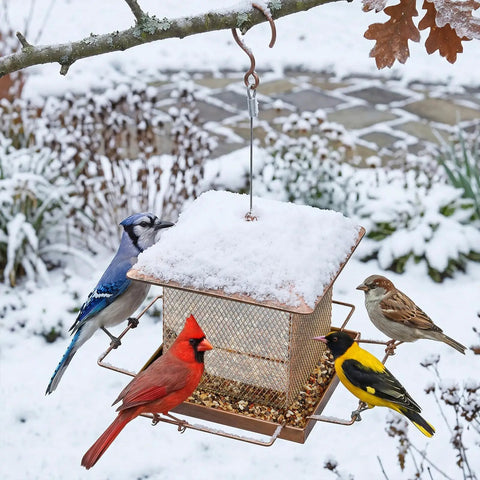 Built Tough Outdoor Hanging Bird Feeder With Waterproof Metal Build, Large 3.5Lb Capacity for attracting birds in snow-covered garden