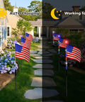 Day and night view of Patriotic Solar Flag Light Set With 56 LEDs, 8 Modes, Red White And Blue Stake Pathway Lights in a garden