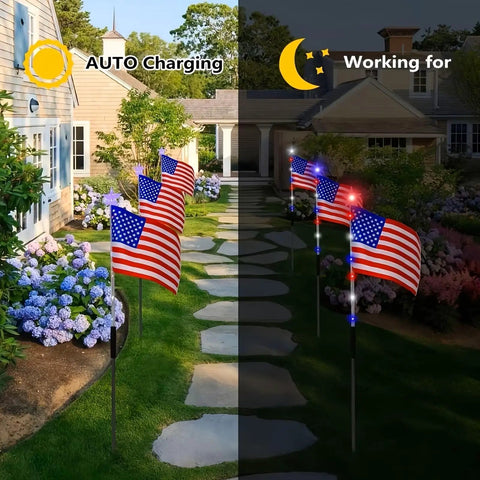 Day and night view of Patriotic Solar Flag Light Set With 56 LEDs, 8 Modes, Red White And Blue Stake Pathway Lights in a garden