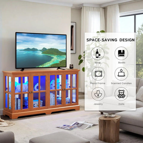 59 Inch LED Curio Cabinet With Seven Color Lights, a vintage wooden glass display case in living room with decor