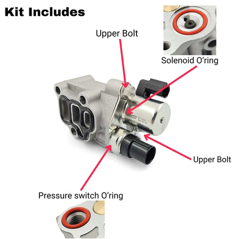 Drop In Upper Gasket And O Ring Seal Kit For Solenoid Replacement Fits Honda And Acura K20 K24 Engines with labeled parts