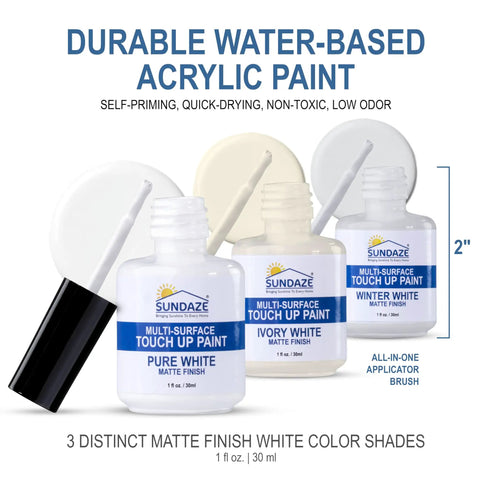 Matte White Touch Up Paint Pen Kit Dead On Wall And Cabinet Repair 3 Pack Flat Finish Quick Hit Scratch Fix featuring three 1oz bottles.