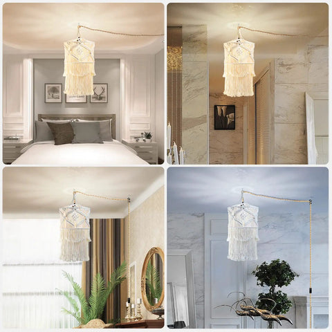 Handmade Macrame Pendant Light With Plug In Cord, 15Ft Hanging Lamp, Boho Vibe in Bedroom and Living Room Settings