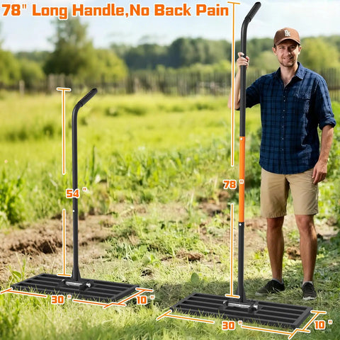 Heavy Duty Stainless Steel Lawn Leveling Rake With 78 Inch Adjustable Handle for garden yard golf course farm and pasture maintenance 30 by 10 inch leveler tool for smooth lawn grading, shown with standing person for scale