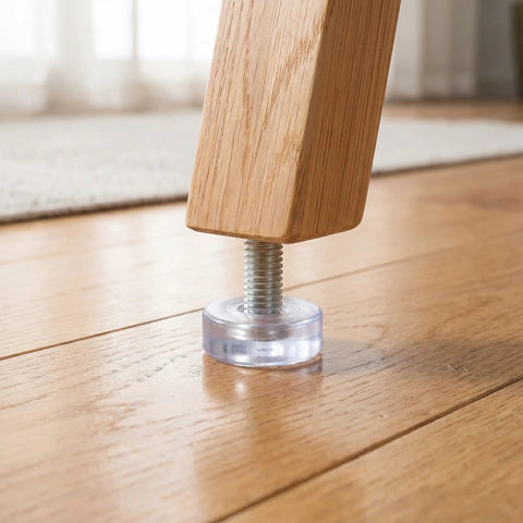 Close-up of a wooden furniture leg with 40 Piece Adjustable Furniture Leveling Feet For Cabinets And Desks With M6 Threaded Round PVC Glides