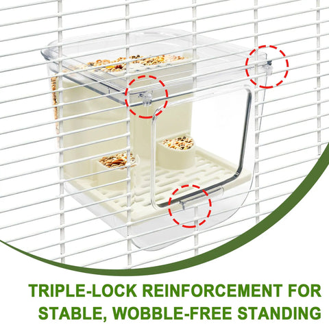 Top Shelf Cage Mounted Bird Feeder Keeping The Mess At Bay With Non Spill Design And Plenty Of Seed Space Featuring A Solid Perch For Your Feathered Friends To Chow Down In Comfort, showing triple-lock reinforcement.